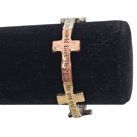 Inspirational Cross Bracelet Bible Verse In Tri-Color Gold  Metal Stretch Faith - Picture 2 of 14